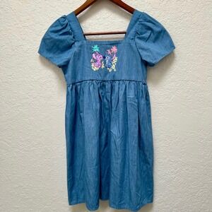 Disney Stitch Girls Denim Look Dress Puff Sleeve Square Neck Size 9 10‎